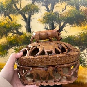Handcrafted Wooden Animal Carving Box African Wood Carved Basket Unique